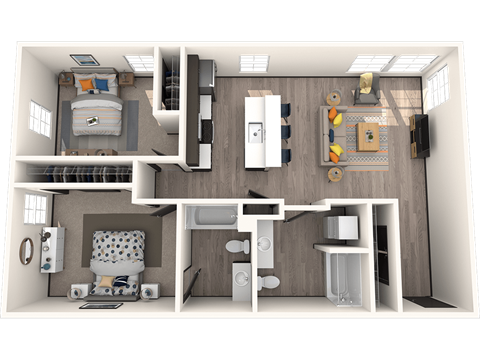Floor plan for 2 beds, 2 baths, 892 sqft